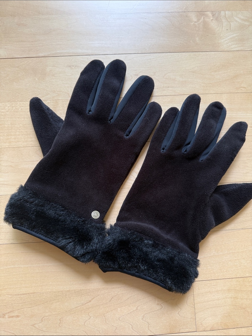 Women Black Faux-Fur Trim Winter Gloves
